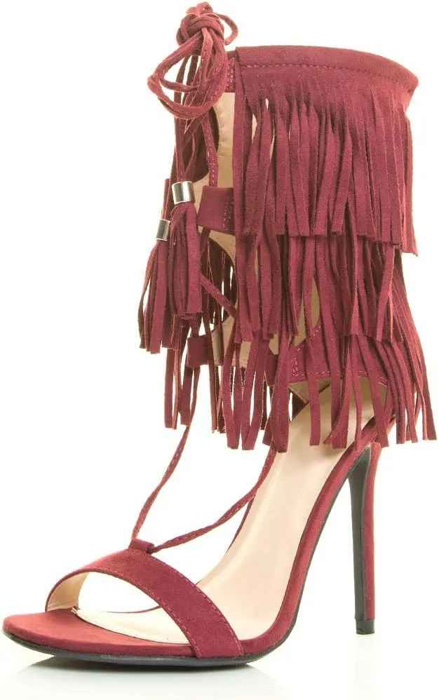 Wild Diva Womens Open Toe Corset Tassel Lace Up Fringe Stiletto Heel Sandal