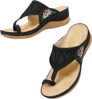 Women Comfortable Wedge Flip Flop Orthopedic Sandals Summer Casual Flower Embroidered Thong Clip Toe Slip-on Slipper Ergonomic Soles Slides Beach Shoes
