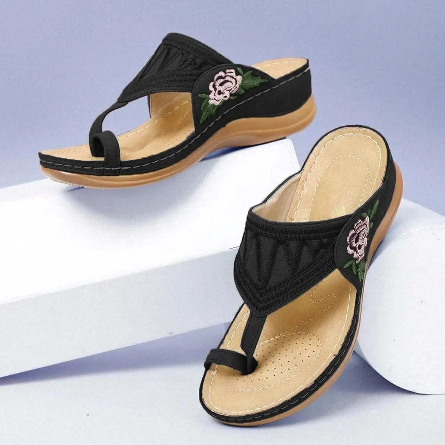Women Comfortable Wedge Flip Flop Orthopedic Sandals Summer Casual Flower Embroidered Thong Clip Toe Slip-on Slipper Ergonomic Soles Slides Beach Shoes
