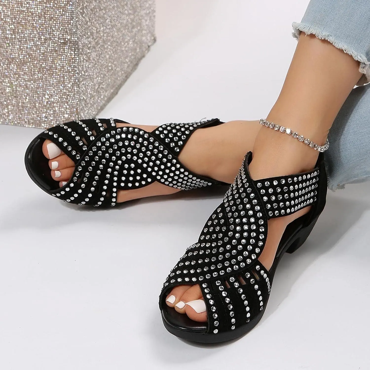 Women Rhinestone Dance Shoes Causal Summer Open Toe Wedge Sandals Causal Latin Salsa Wedding Indoor Crystal Shoes