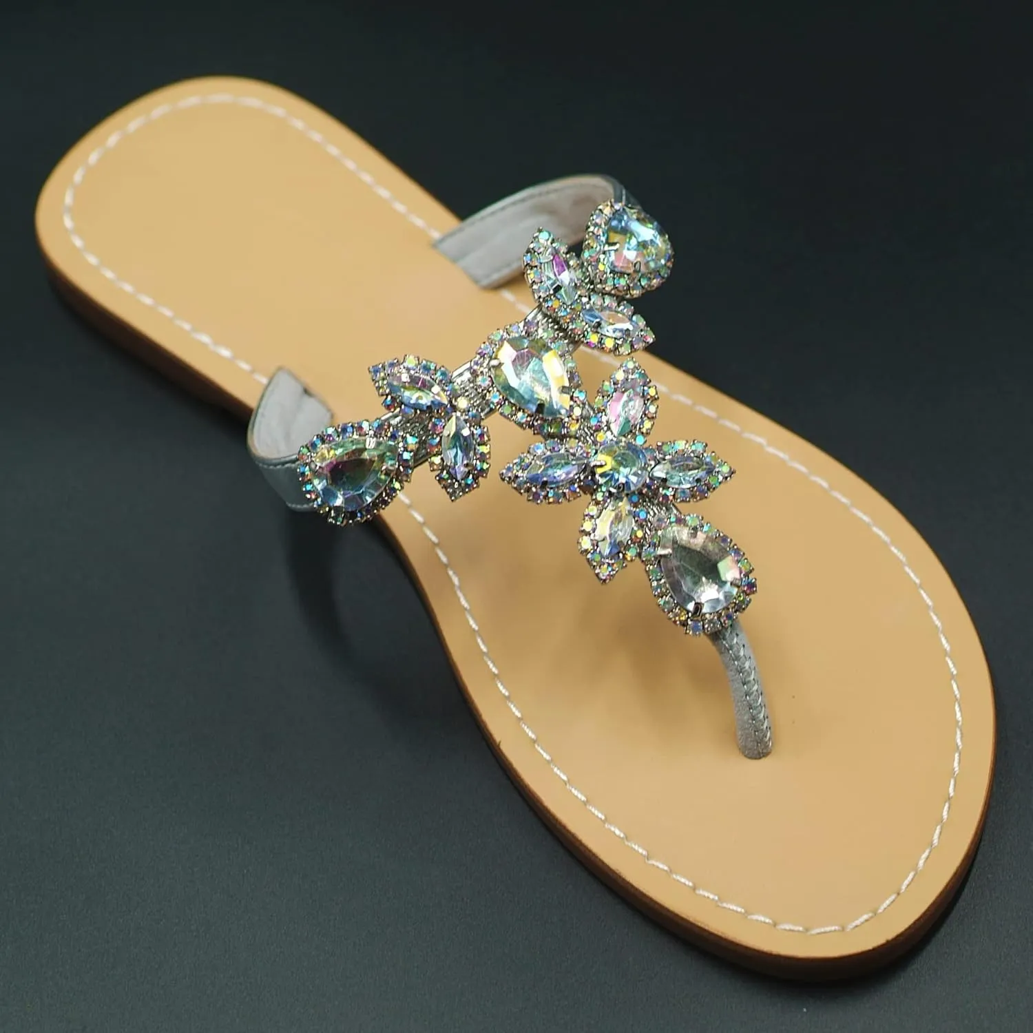 Women Sparkly Jeweled Thong Boho Sandals Bling Rhinestone Flip Flops with Crystal Diamond Flat Fancy Sandalias Gem Bohemian Beach Wedding Sandals Shoes