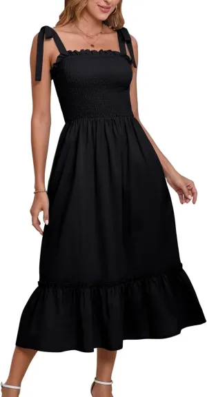 Women Square Neck Ruffle Maxi Dress 2025 Summer Boho Beach Cotton Linen A-Line Spaghetti Strap Long Dress Vacation