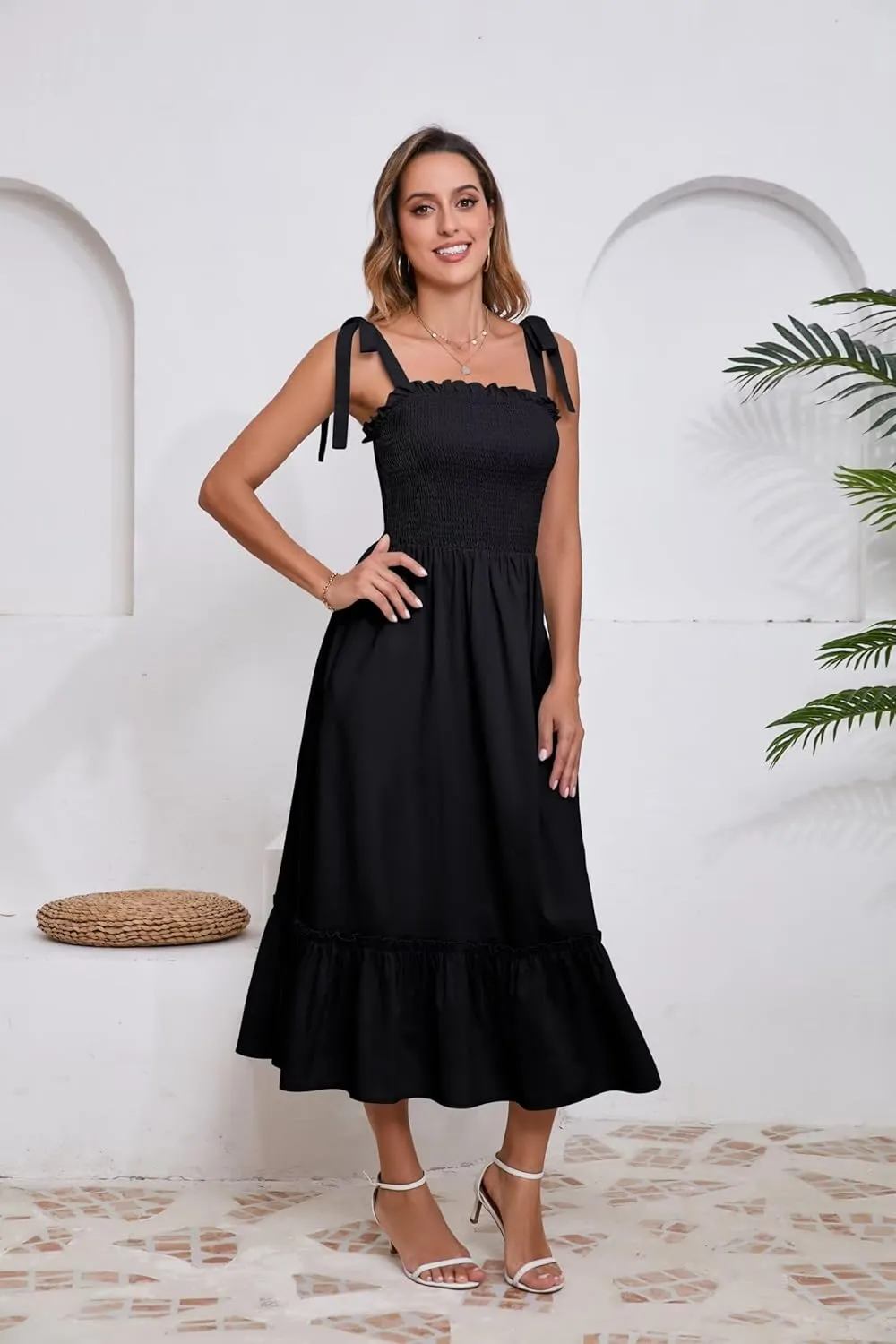 Women Square Neck Ruffle Maxi Dress 2025 Summer Boho Beach Cotton Linen A-Line Spaghetti Strap Long Dress Vacation