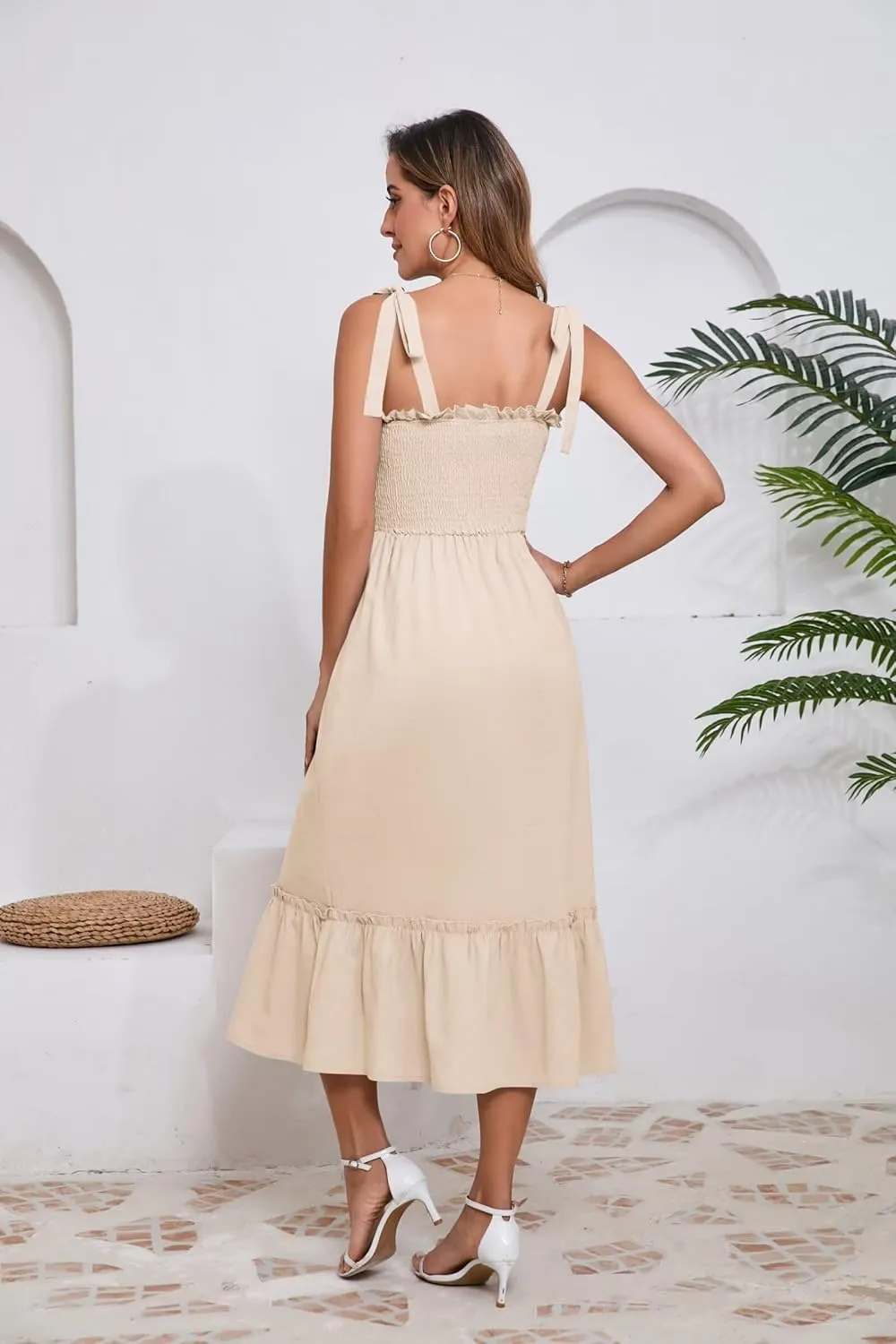 Women Square Neck Ruffle Maxi Dress 2025 Summer Boho Beach Cotton Linen A-Line Spaghetti Strap Long Dress Vacation