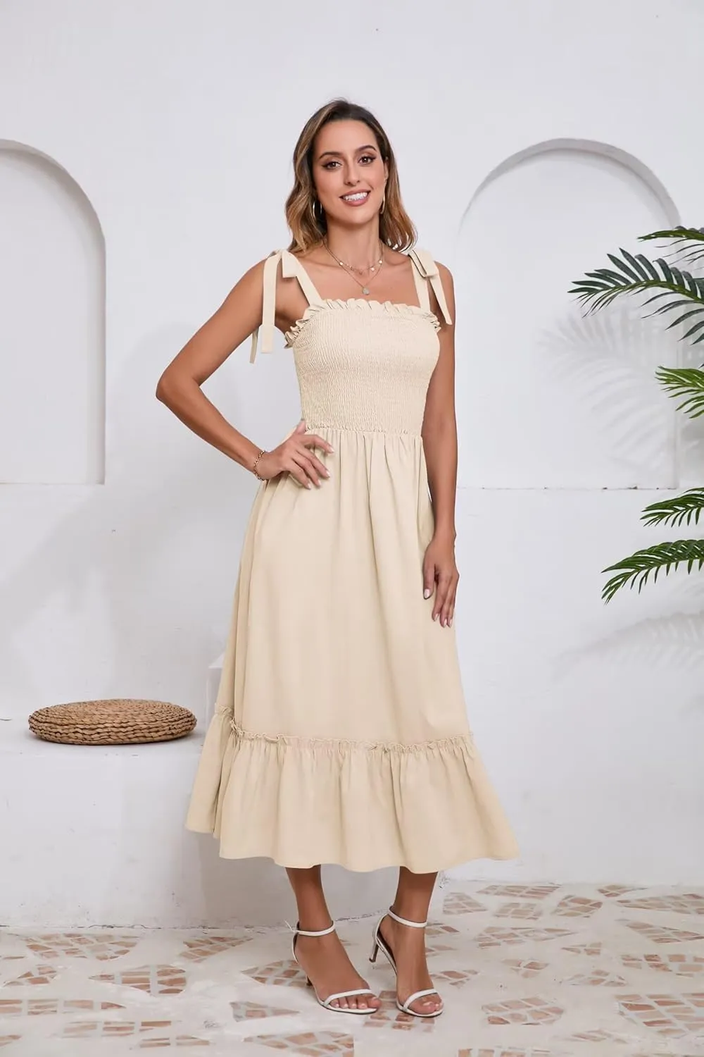 Women Square Neck Ruffle Maxi Dress 2025 Summer Boho Beach Cotton Linen A-Line Spaghetti Strap Long Dress Vacation