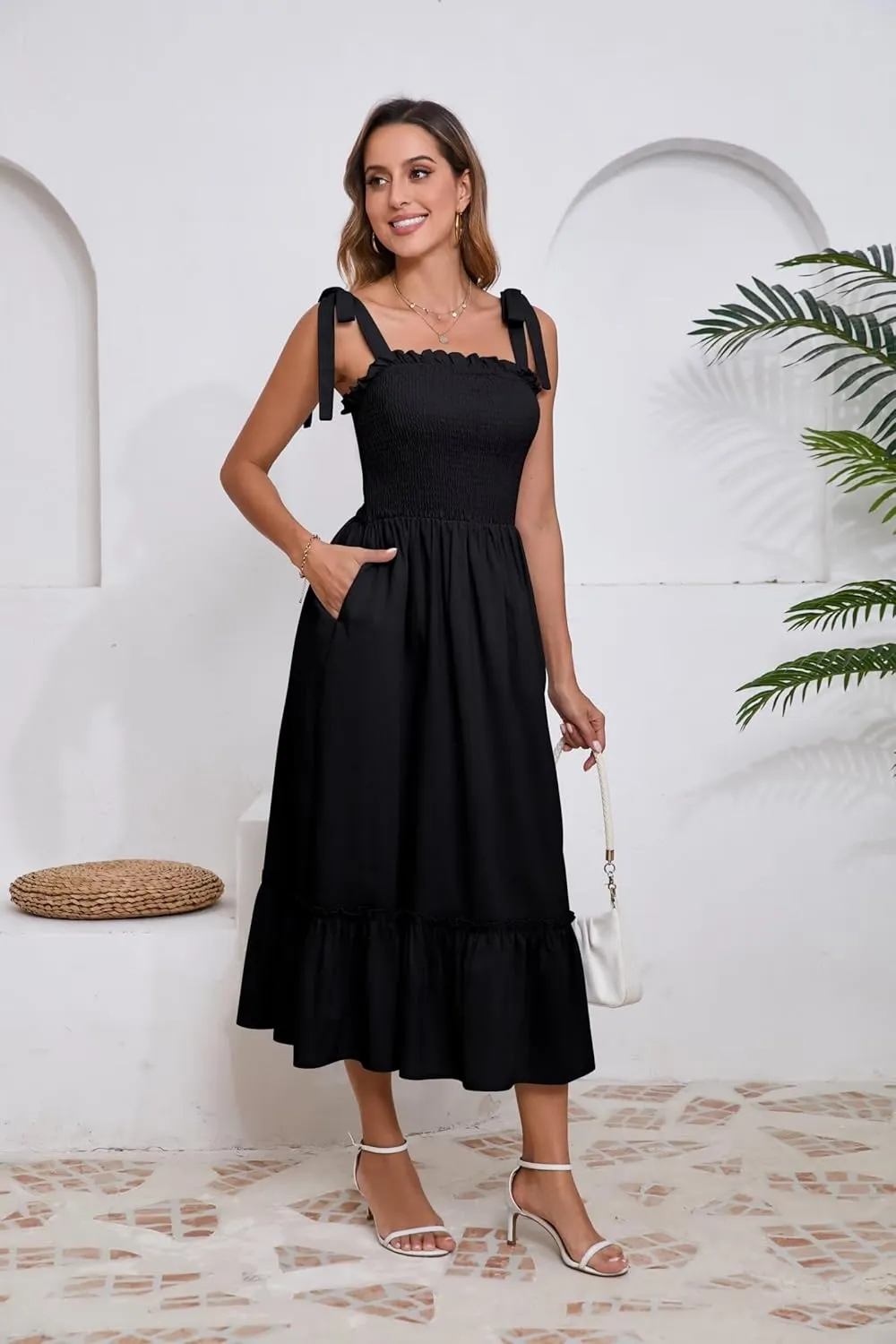 Women Square Neck Ruffle Maxi Dress 2025 Summer Boho Beach Cotton Linen A-Line Spaghetti Strap Long Dress Vacation