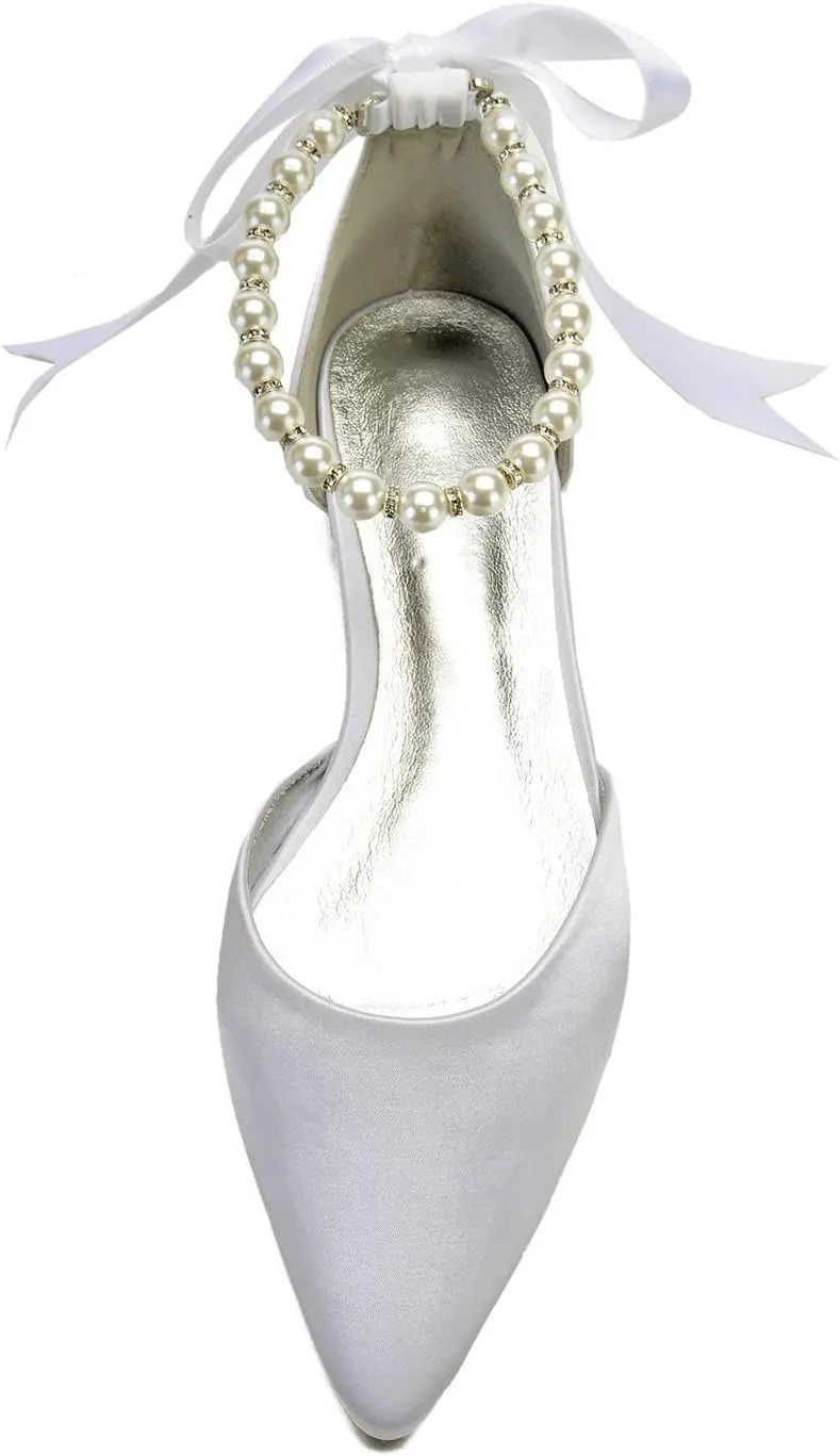 Women Wedding Bridal Shoe Comfort Flat Satin Pearls Shoes Pointed Toe Ankle Strap Prom Evening Party Pumps