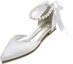 Women Wedding Bridal Shoe Comfort Flat Satin Pearls Shoes Pointed Toe Ankle Strap Prom Evening Party Pumps