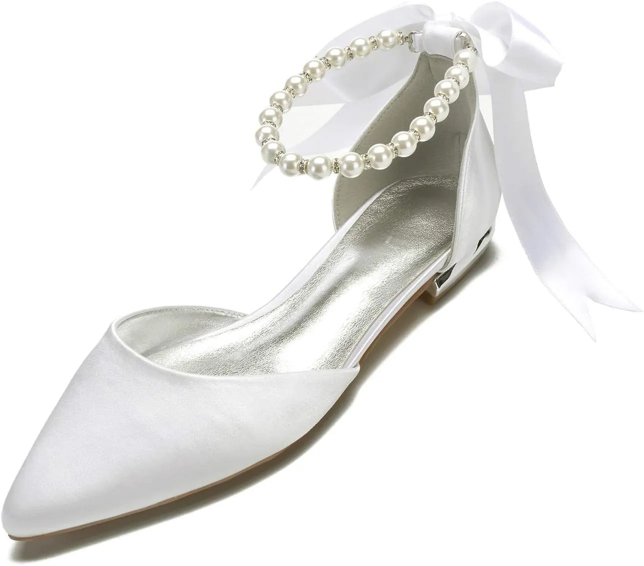 Women Wedding Bridal Shoe Comfort Flat Satin Pearls Shoes Pointed Toe Ankle Strap Prom Evening Party Pumps