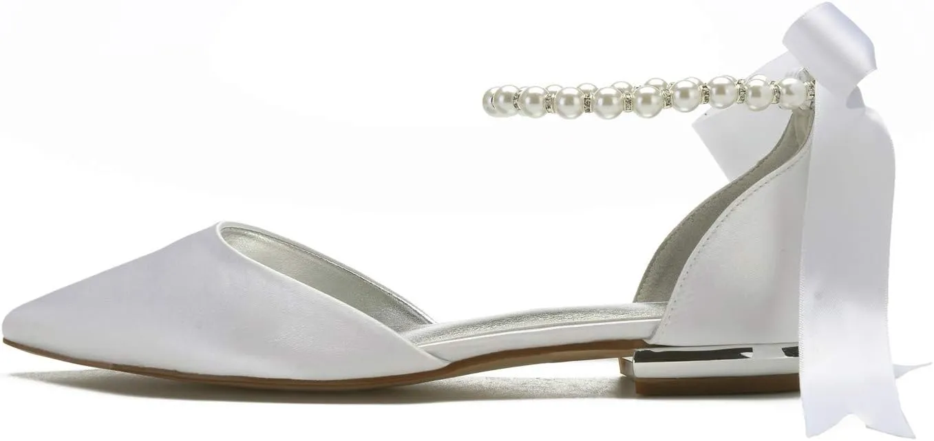 Women Wedding Bridal Shoe Comfort Flat Satin Pearls Shoes Pointed Toe Ankle Strap Prom Evening Party Pumps