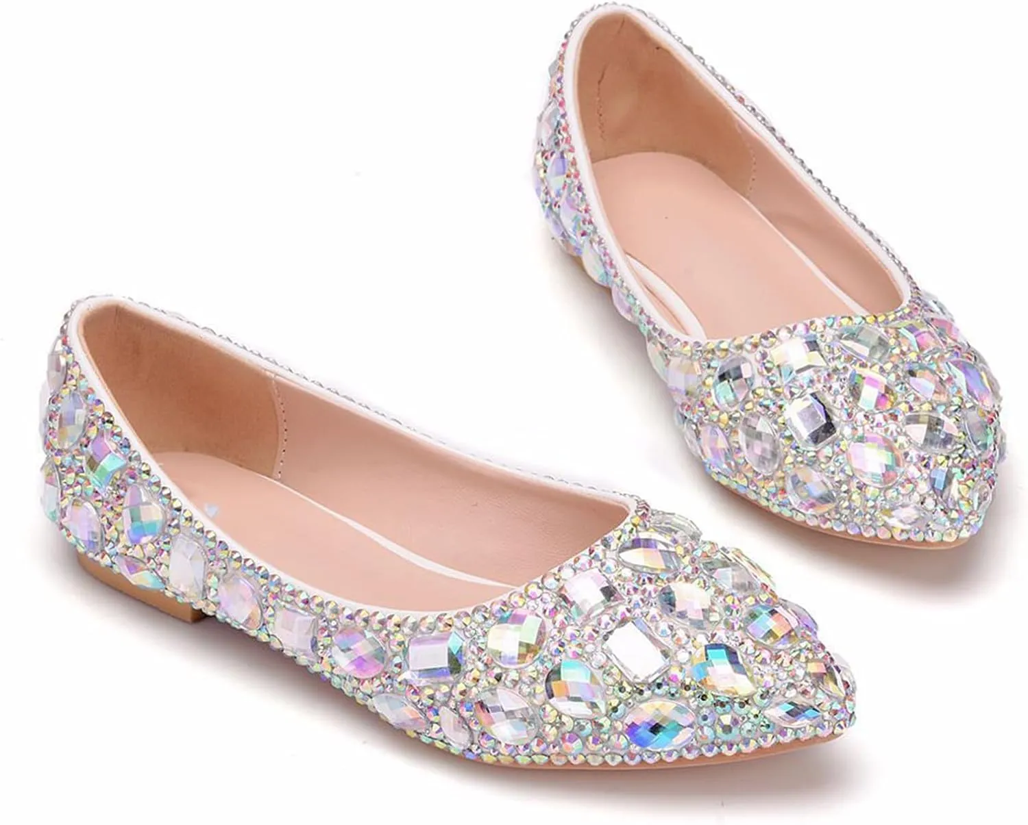 Women Wedding Shoes, Flat Pointed Toe Color Rhinestone Bridal Bridesmaid Dress Shoes Comfortable Shallow Mouth Low Heeled Casual Shoes Adult, 43 EU,Color
