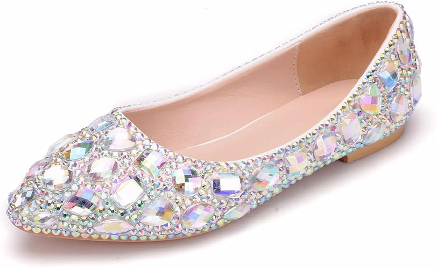 Women Wedding Shoes, Flat Pointed Toe Color Rhinestone Bridal Bridesmaid Dress Shoes Comfortable Shallow Mouth Low Heeled Casual Shoes Adult, 43 EU,Color