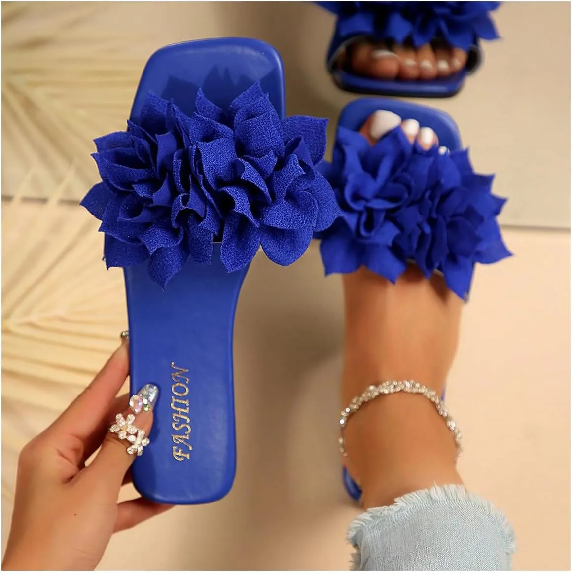 Women's 3D Floral Flat Sandals Dressy Square Open Toe Sandals Single Band Casual Slip on Slides