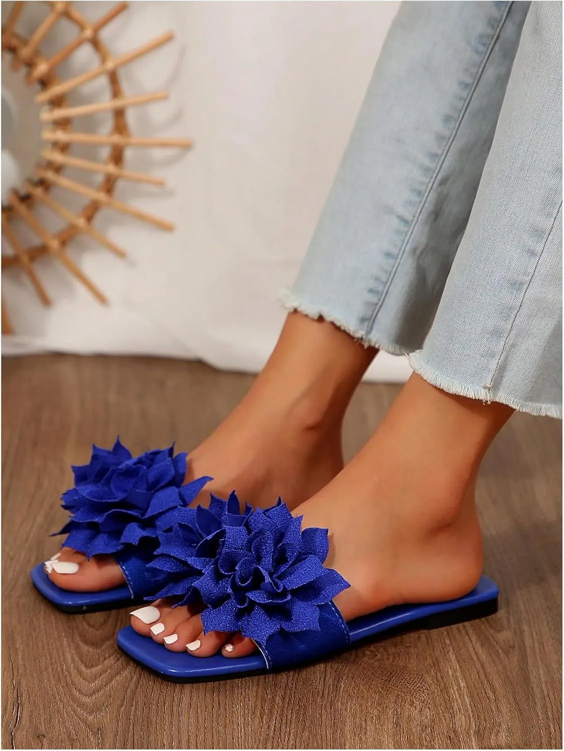 Women's 3D Floral Flat Sandals Dressy Square Open Toe Sandals Single Band Casual Slip on Slides