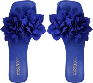 Women's 3D Floral Flat Sandals Dressy Square Open Toe Sandals Single Band Casual Slip on Slides