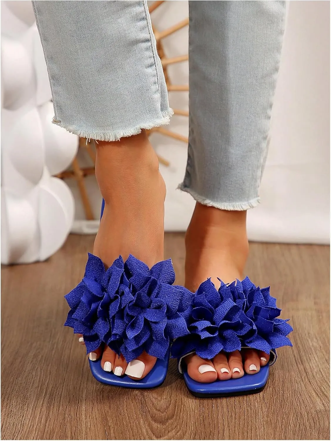 Women's 3D Floral Flat Sandals Dressy Square Open Toe Sandals Single Band Casual Slip on Slides