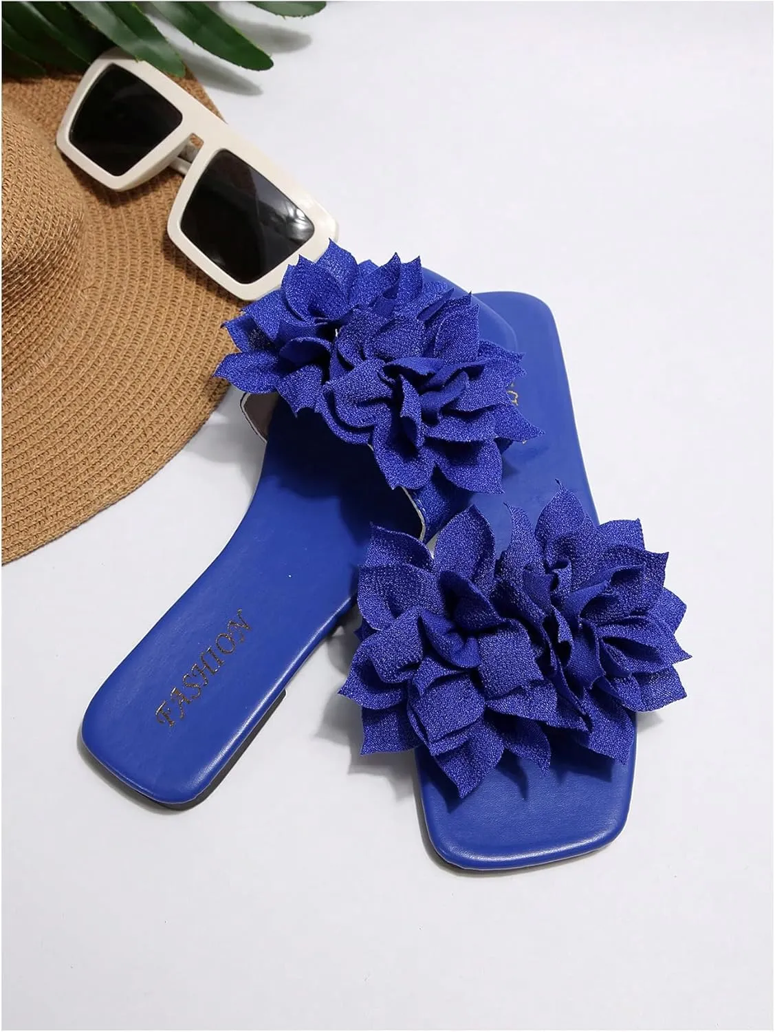 Women's 3D Floral Flat Sandals Dressy Square Open Toe Sandals Single Band Casual Slip on Slides