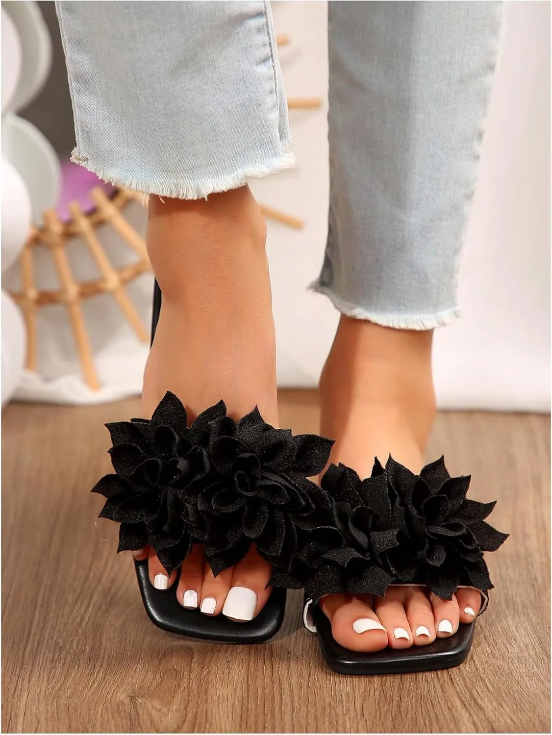Women's 3D Floral Flat Sandals Dressy Square Open Toe Sandals Single Band Casual Slip on Slides