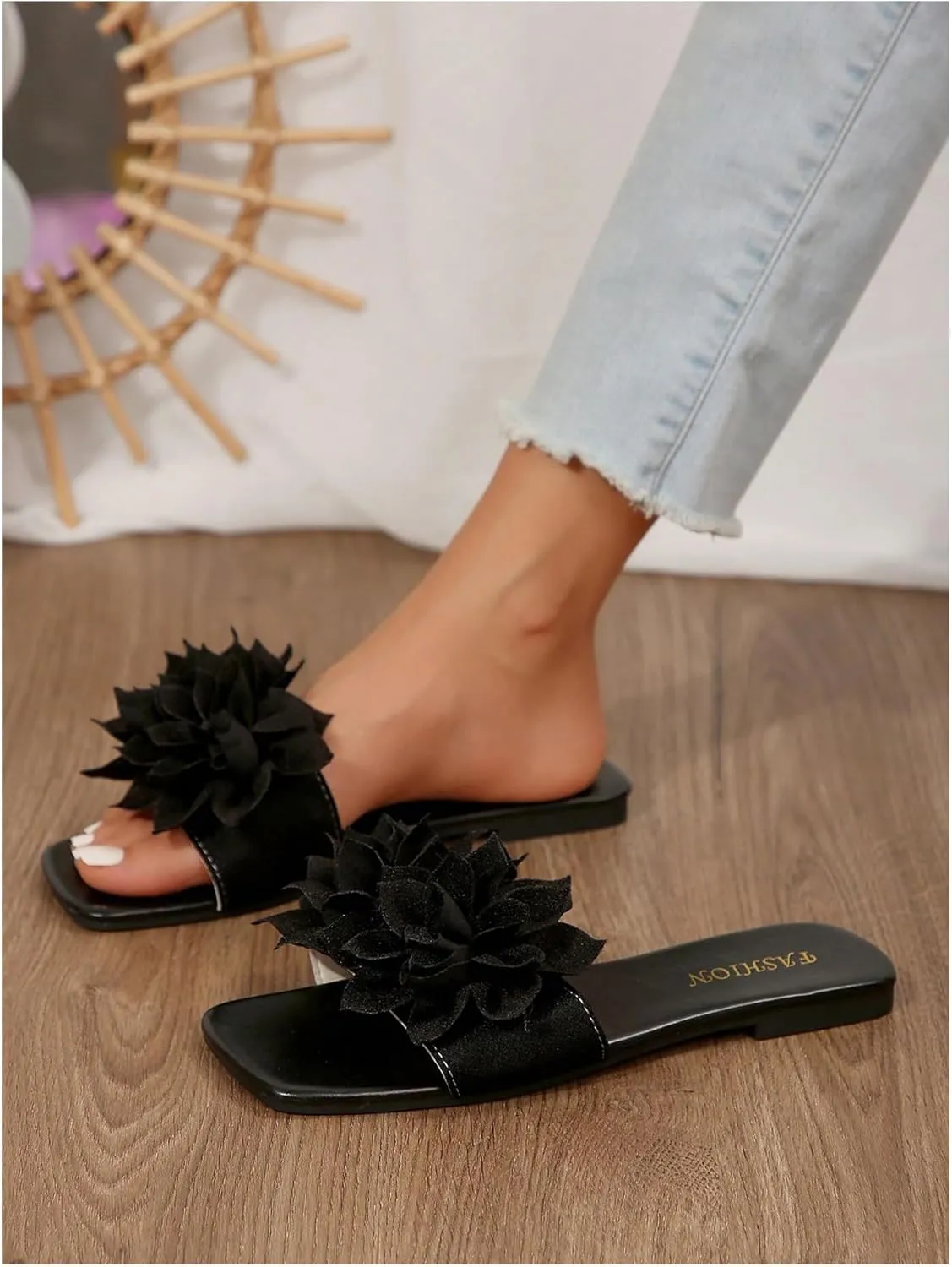 Women's 3D Floral Flat Sandals Dressy Square Open Toe Sandals Single Band Casual Slip on Slides