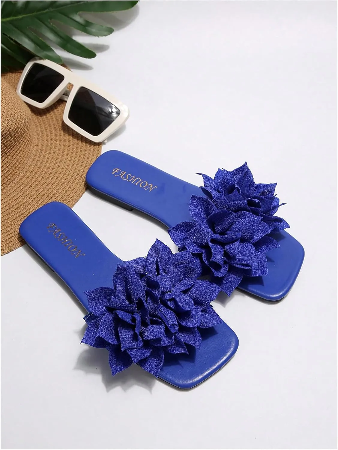 Women's 3D Floral Flat Sandals Dressy Square Open Toe Sandals Single Band Casual Slip on Slides