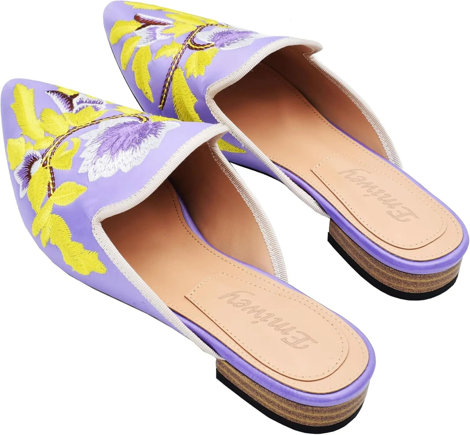Women's Backless Comfort Slip On Casual Flats Embroidery Mule Slippers Shoes