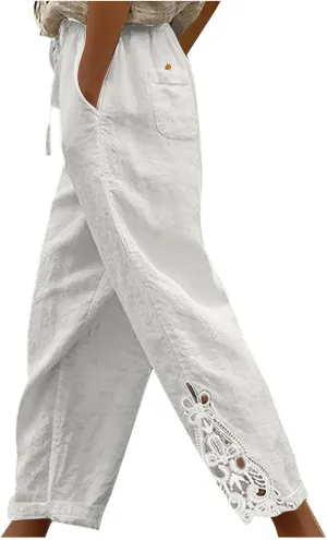 Womens Boho Cotton Linen Capri Pants Lace Stitching Cropped Pants High Rise Vintage Crop Trousers Casual Jogging Pants