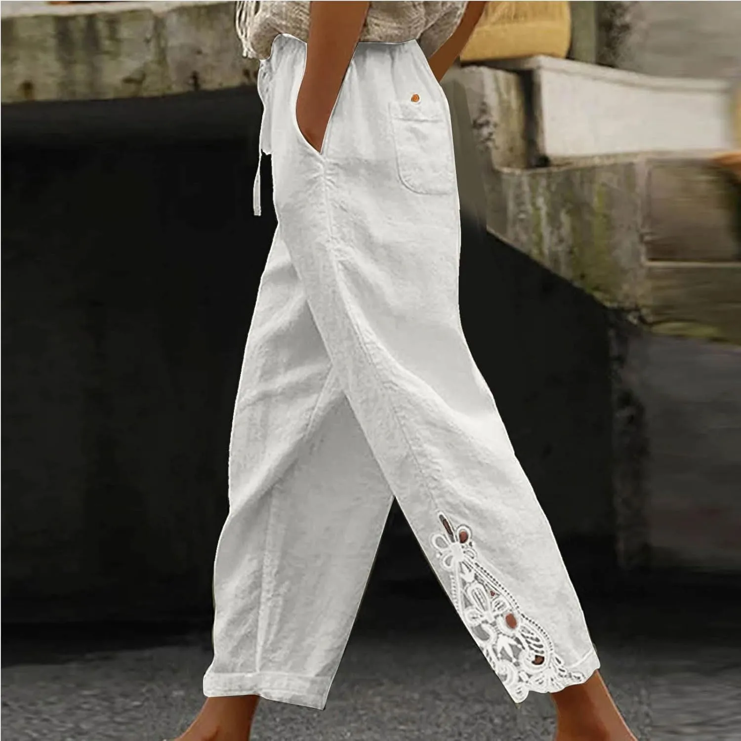 Womens Boho Cotton Linen Capri Pants Lace Stitching Cropped Pants High Rise Vintage Crop Trousers Casual Jogging Pants