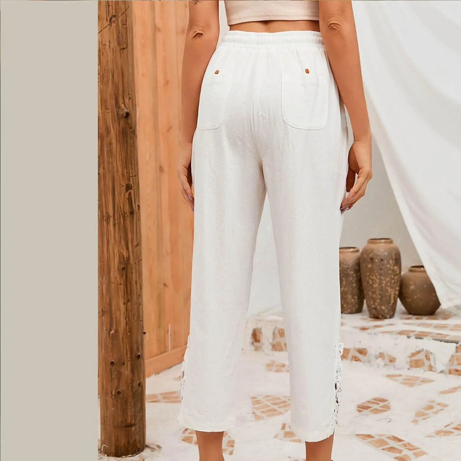 Womens Boho Cotton Linen Capri Pants Lace Stitching Cropped Pants High Rise Vintage Crop Trousers Casual Jogging Pants