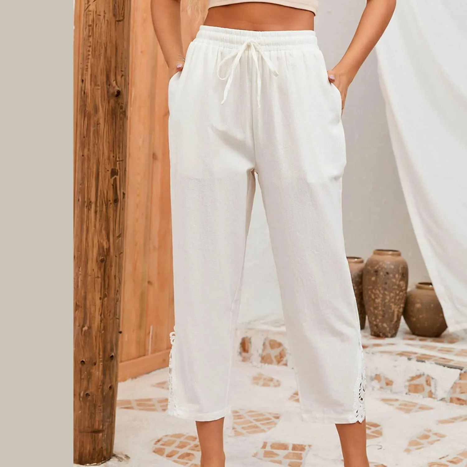Womens Boho Cotton Linen Capri Pants Lace Stitching Cropped Pants High Rise Vintage Crop Trousers Casual Jogging Pants