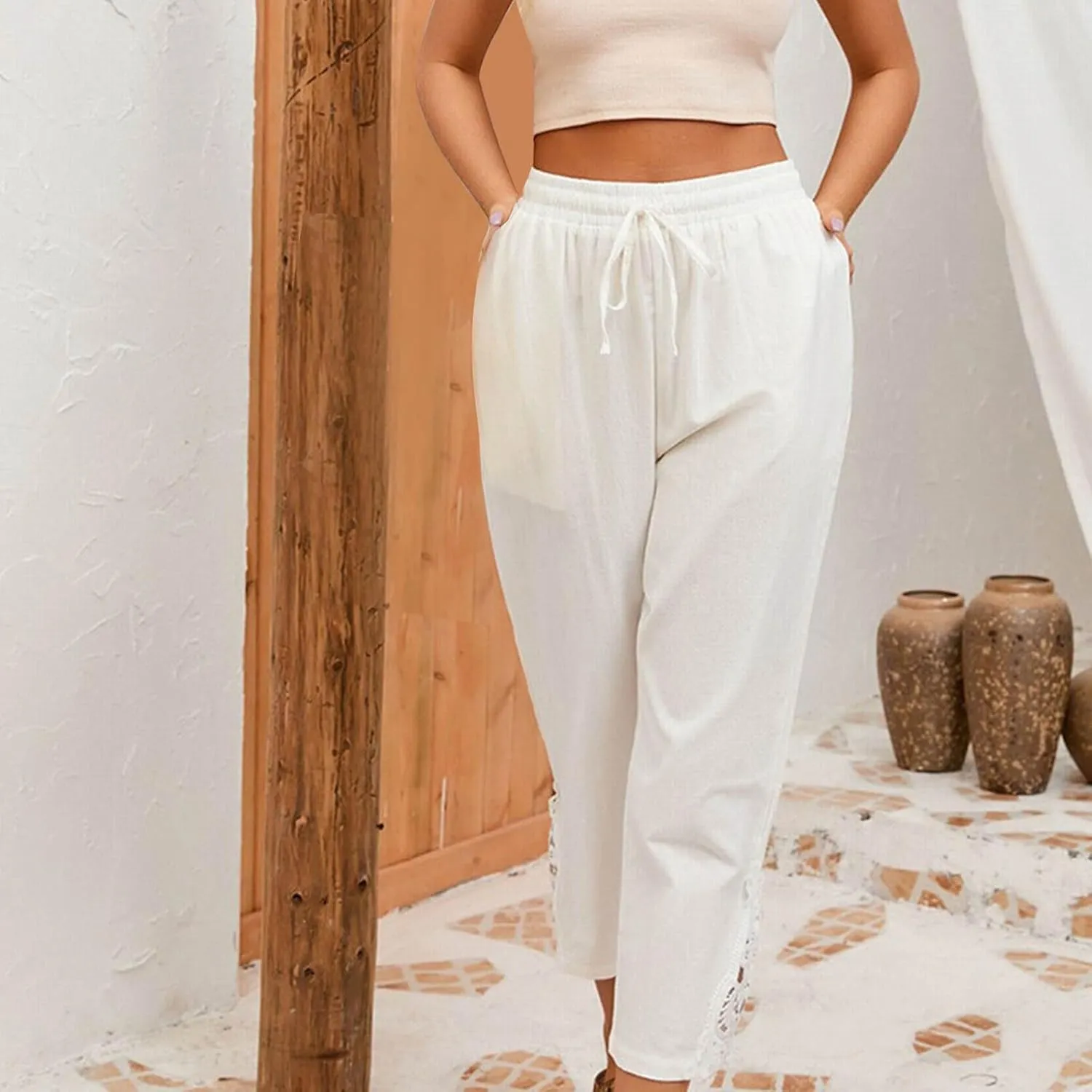 Womens Boho Cotton Linen Capri Pants Lace Stitching Cropped Pants High Rise Vintage Crop Trousers Casual Jogging Pants