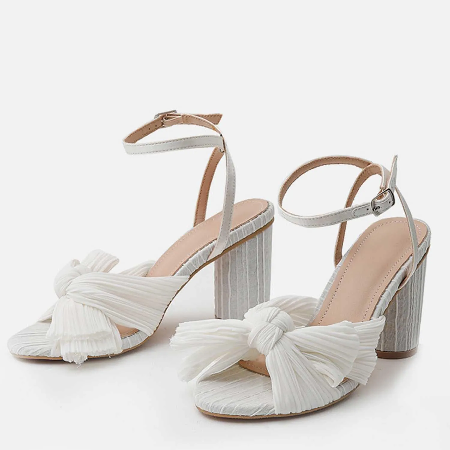 Women's Bow Knot Heeled Sandals Open Toe High Block Ankle Strap Chunky Heels Bride Sandals for Wedding Shoes