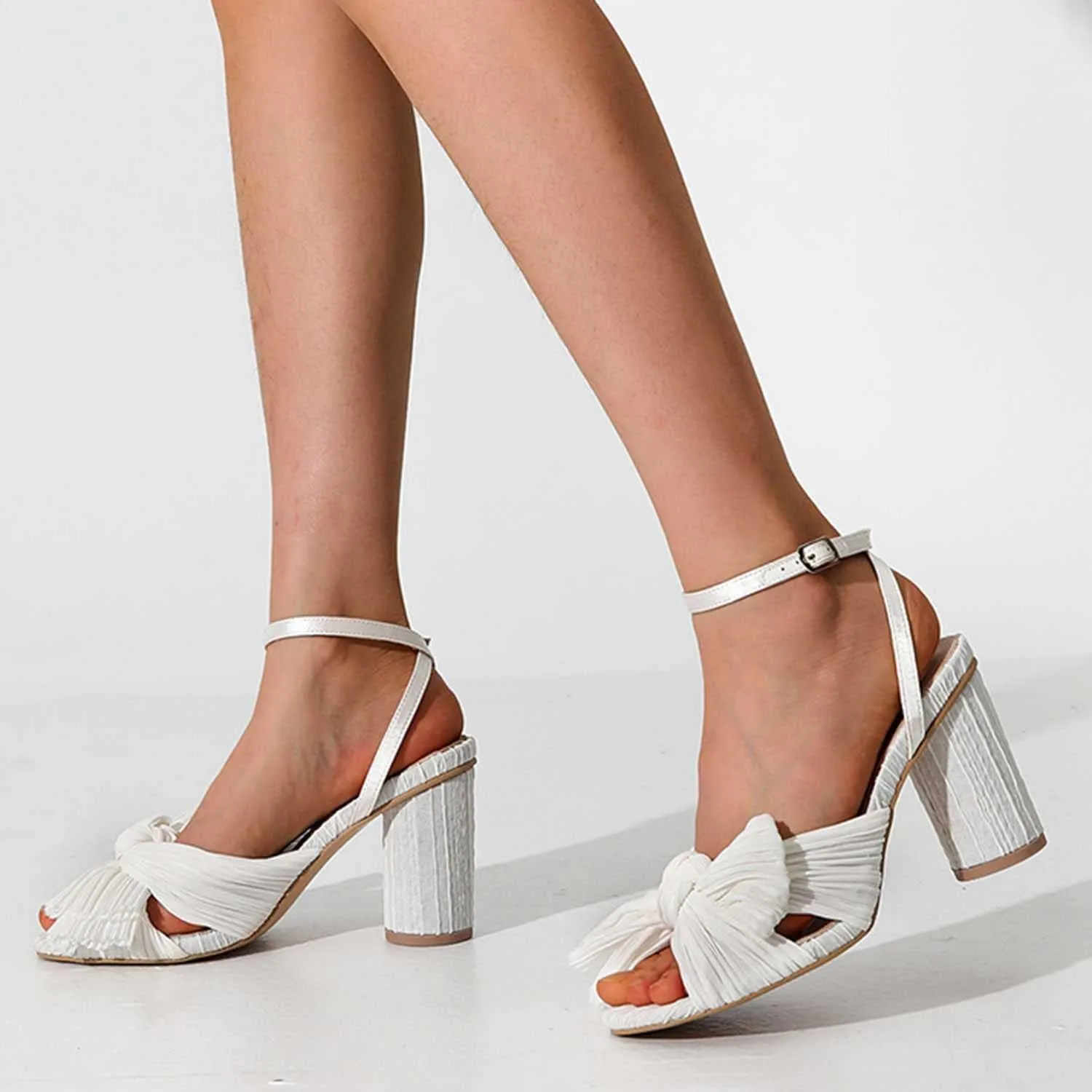 Women's Bow Knot Heeled Sandals Open Toe High Block Ankle Strap Chunky Heels Bride Sandals for Wedding Shoes
