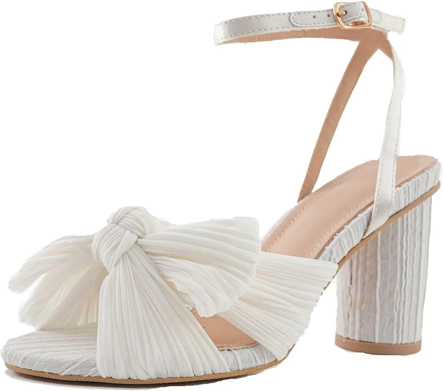 Women's Bow Knot Heeled Sandals Open Toe High Block Ankle Strap Chunky Heels Bride Sandals for Wedding Shoes