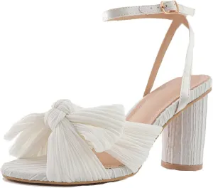 Women's Bow Knot Heeled Sandals Open Toe High Block Ankle Strap Chunky Heels Bride Sandals for Wedding Shoes