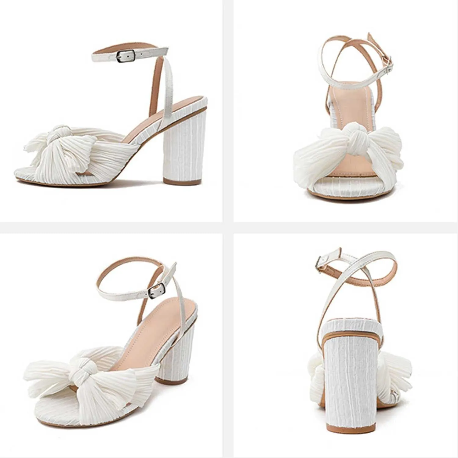 Women's Bow Knot Heeled Sandals Open Toe High Block Ankle Strap Chunky Heels Bride Sandals for Wedding Shoes