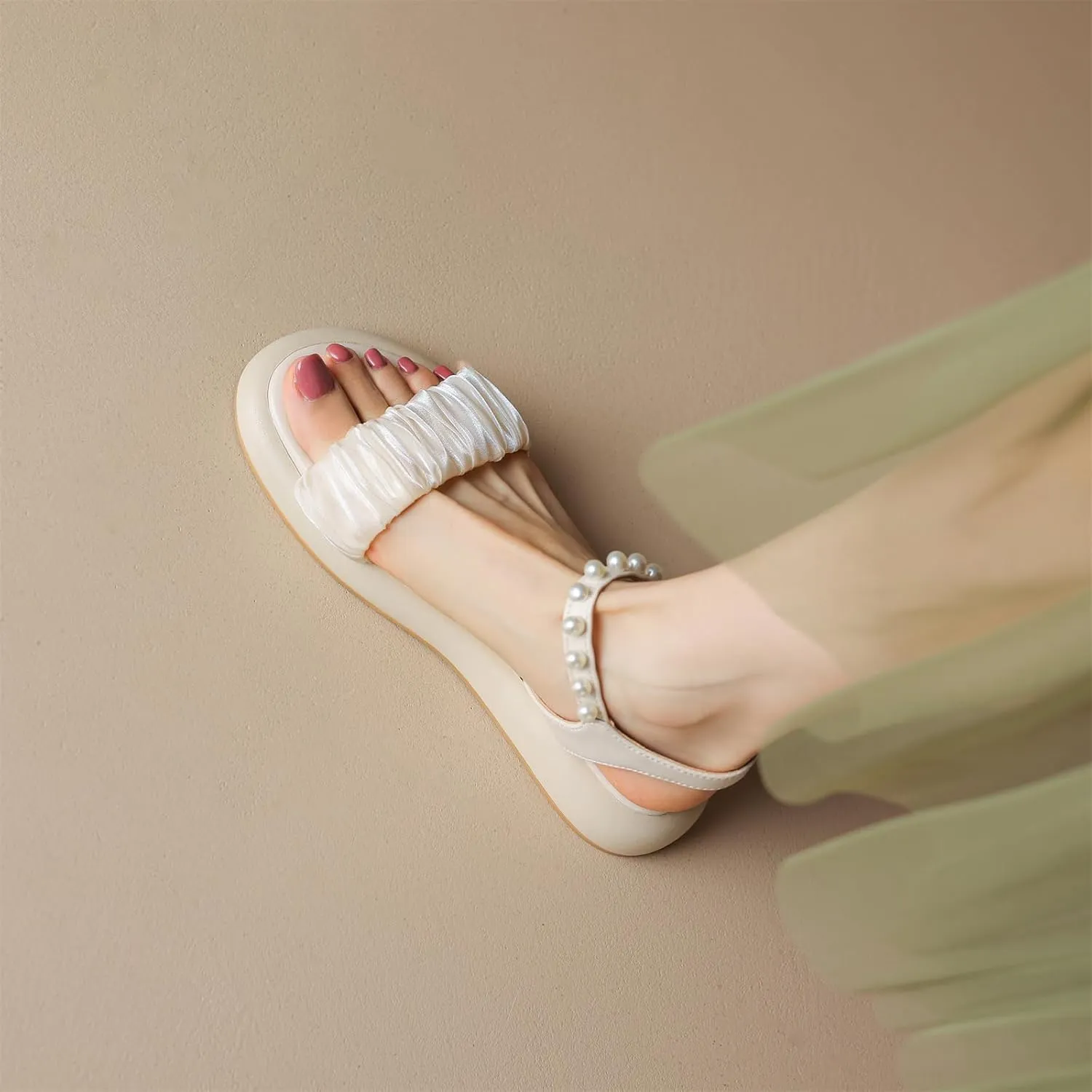 Women's Casual Round Open Toe Pearl String Beaded Strap Flats Slingback Low Heel Adjustable Buckle Satin Classic Work Office Church Comfort Summer Dress Shoes Shopping Sandals