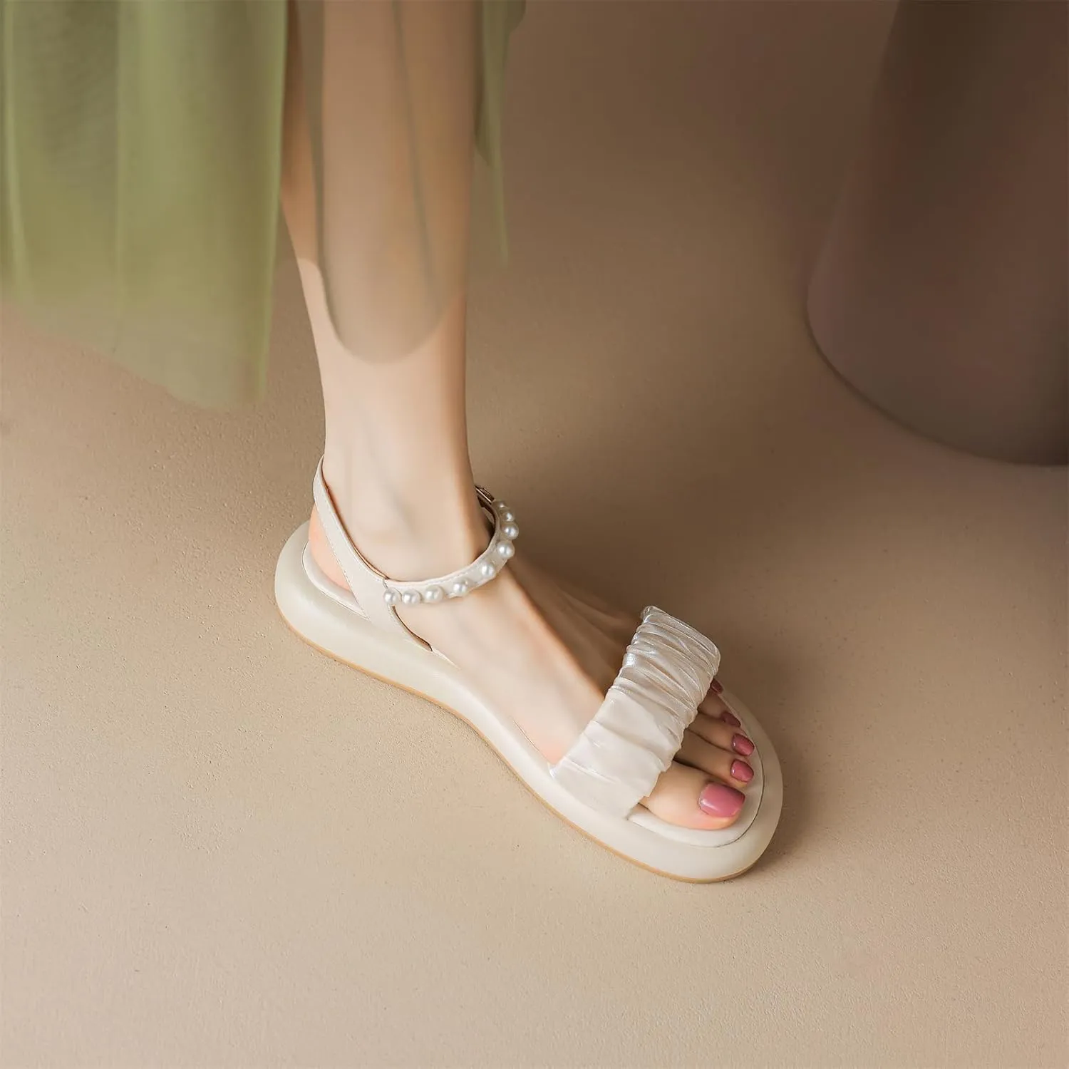 Women's Casual Round Open Toe Pearl String Beaded Strap Flats Slingback Low Heel Adjustable Buckle Satin Classic Work Office Church Comfort Summer Dress Shoes Shopping Sandals