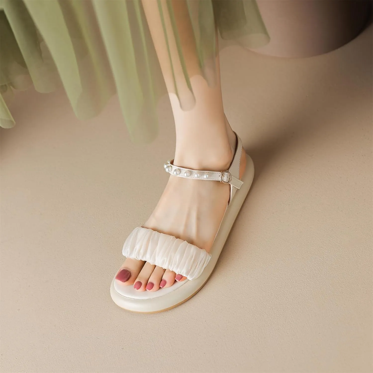 Women's Casual Round Open Toe Pearl String Beaded Strap Flats Slingback Low Heel Adjustable Buckle Satin Classic Work Office Church Comfort Summer Dress Shoes Shopping Sandals