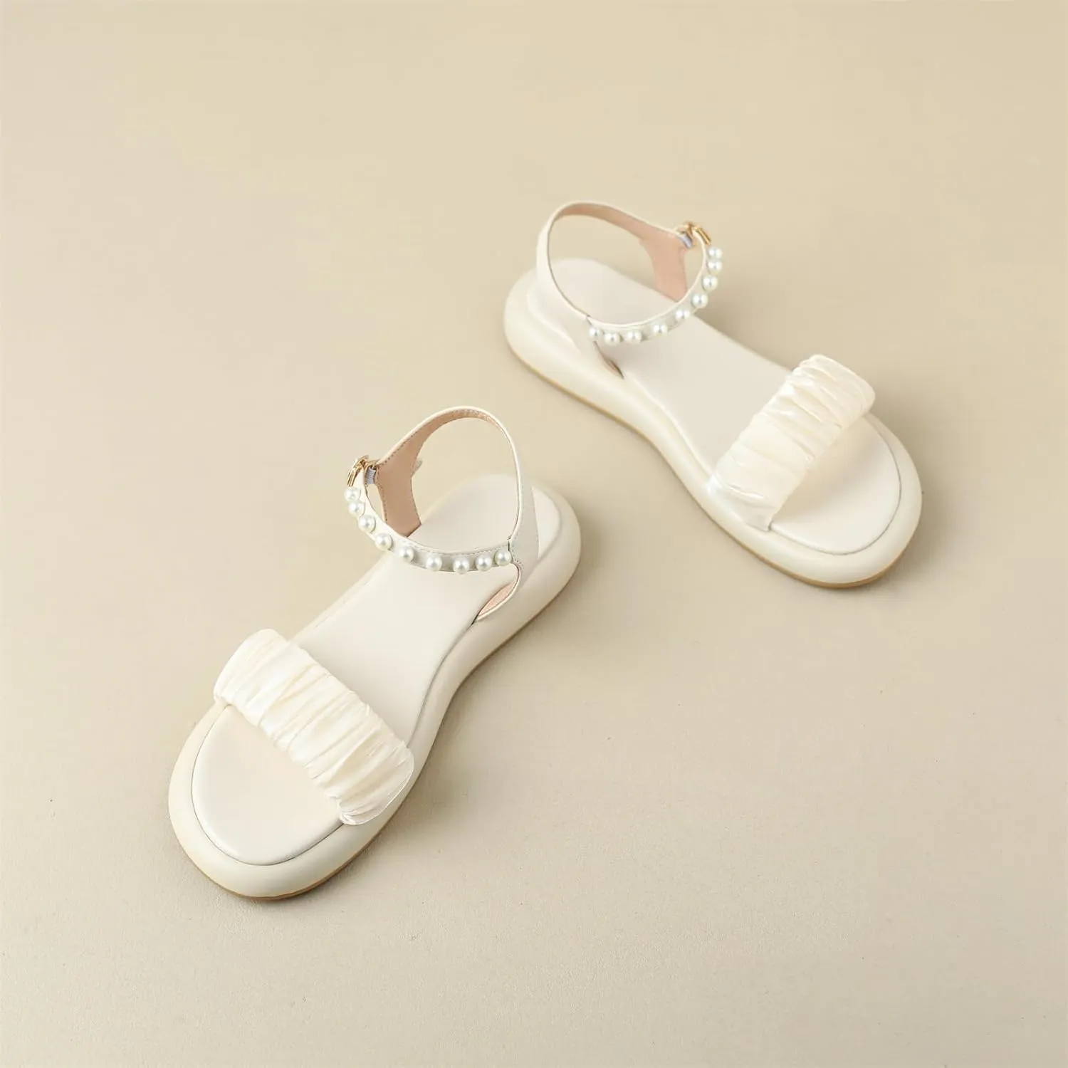 Women's Casual Round Open Toe Pearl String Beaded Strap Flats Slingback Low Heel Adjustable Buckle Satin Classic Work Office Church Comfort Summer Dress Shoes Shopping Sandals