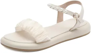 Women's Casual Round Open Toe Pearl String Beaded Strap Flats Slingback Low Heel Adjustable Buckle Satin Classic Work Office Church Comfort Summer Dress Shoes Shopping Sandals