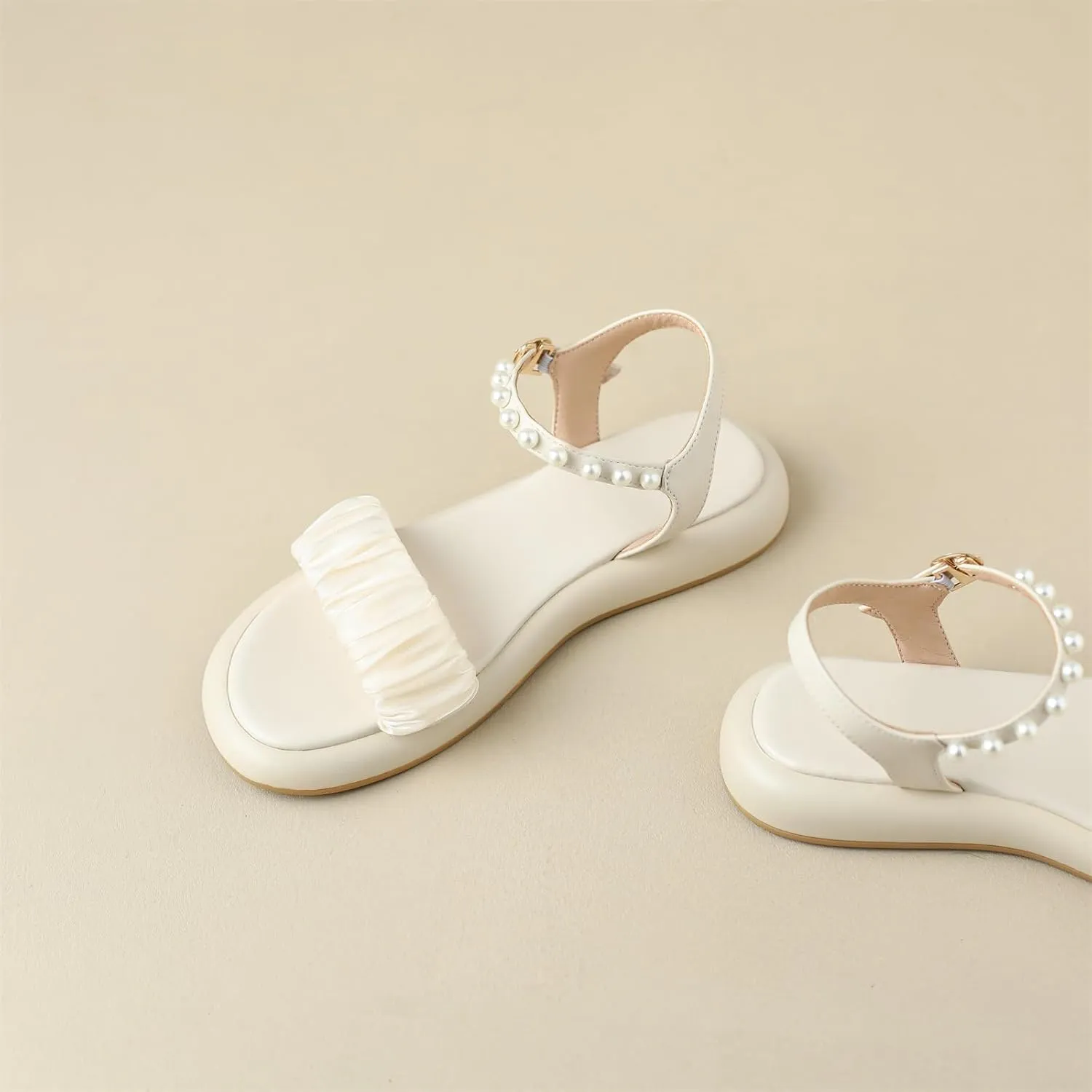 Women's Casual Round Open Toe Pearl String Beaded Strap Flats Slingback Low Heel Adjustable Buckle Satin Classic Work Office Church Comfort Summer Dress Shoes Shopping Sandals