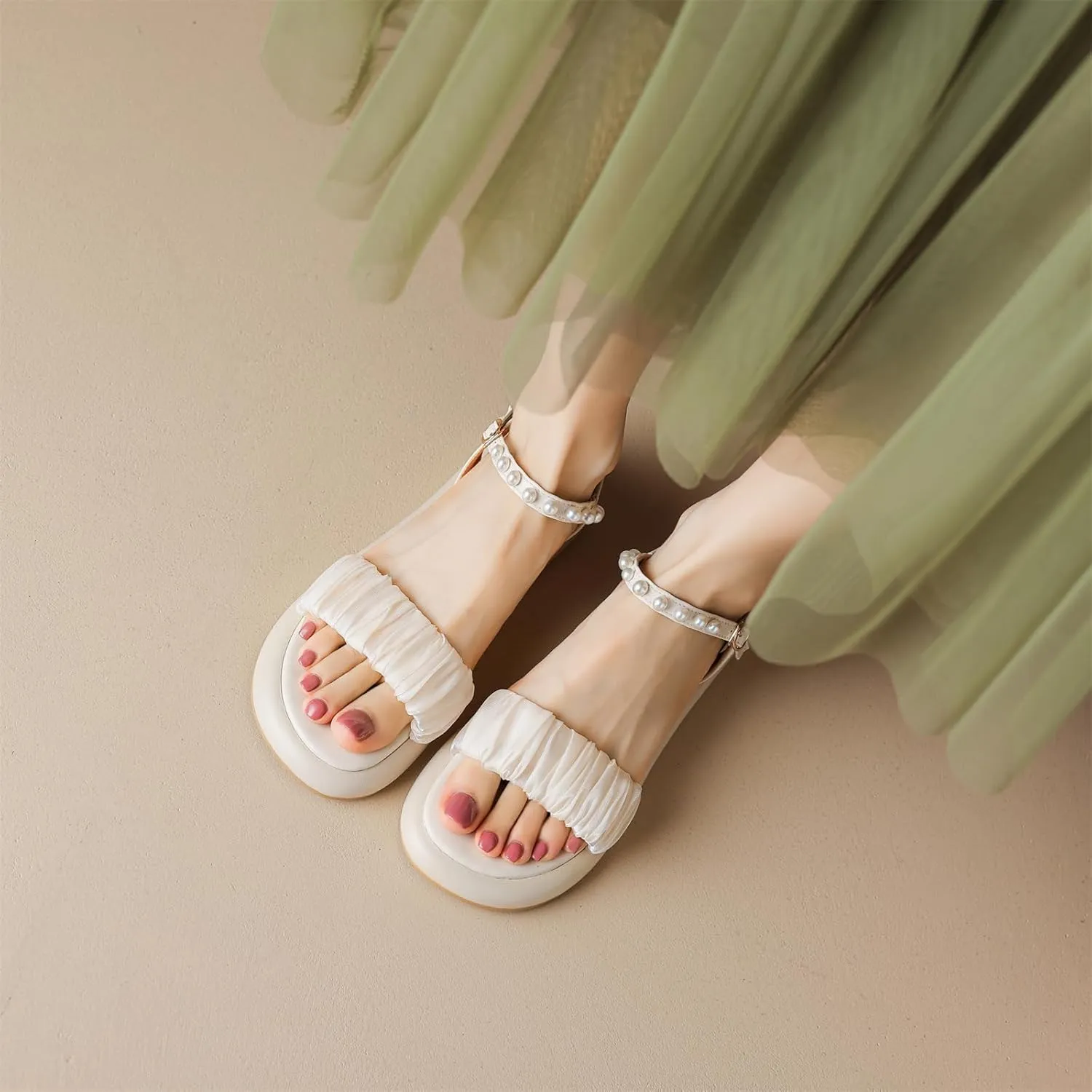 Women's Casual Round Open Toe Pearl String Beaded Strap Flats Slingback Low Heel Adjustable Buckle Satin Classic Work Office Church Comfort Summer Dress Shoes Shopping Sandals