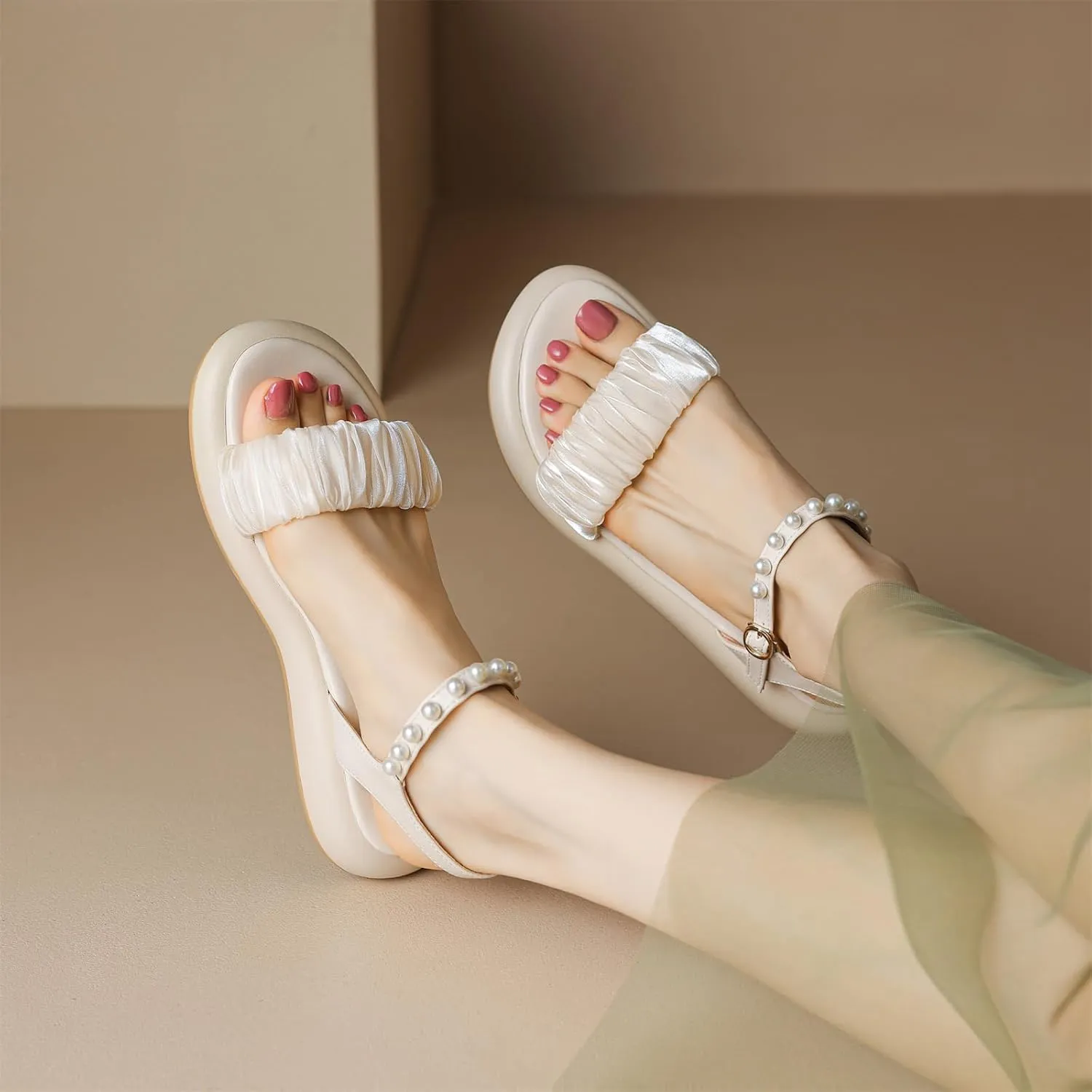 Women's Casual Round Open Toe Pearl String Beaded Strap Flats Slingback Low Heel Adjustable Buckle Satin Classic Work Office Church Comfort Summer Dress Shoes Shopping Sandals