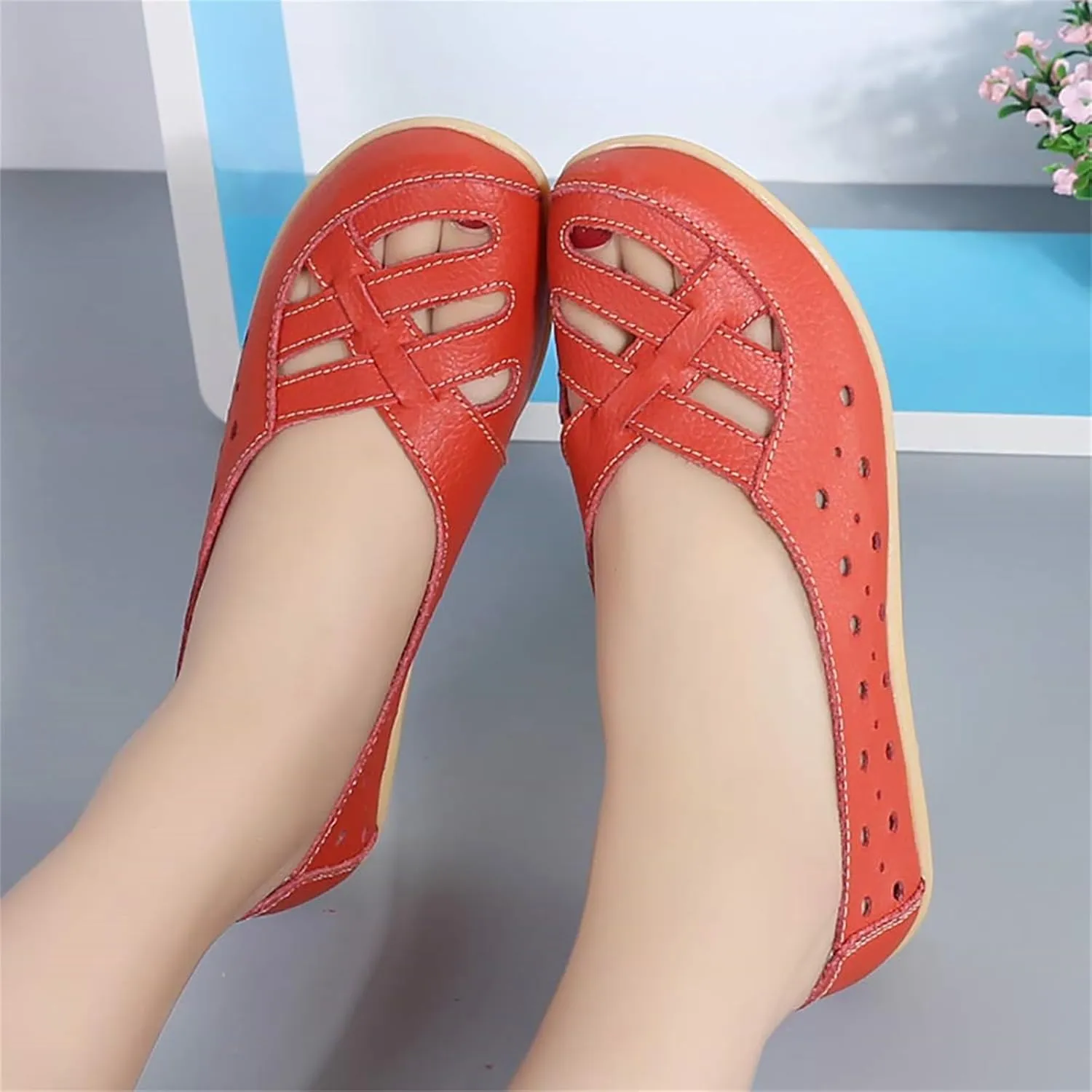 womens comfort sandals Breathable Leather Hollow Out Loafer Flats Summer Slip-On Cutout Sandals Casual Round Toe Orthopedic Loafers Fashion Soft Shoes