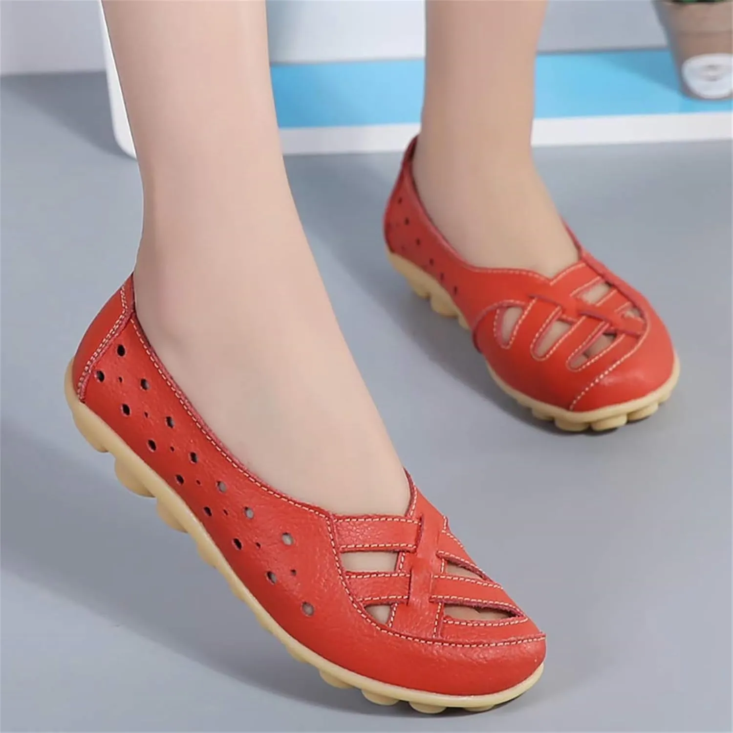 womens comfort sandals Breathable Leather Hollow Out Loafer Flats Summer Slip-On Cutout Sandals Casual Round Toe Orthopedic Loafers Fashion Soft Shoes