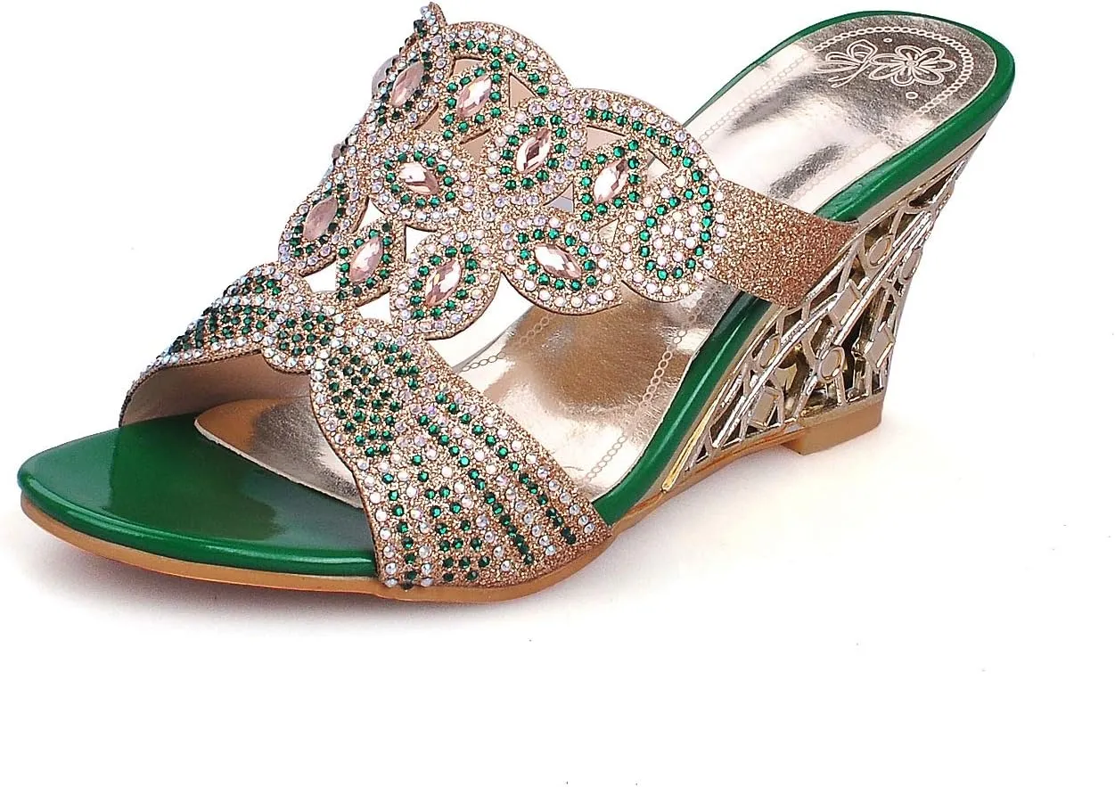 Women's Crystal Rhinestone Peacock Patterned Handmade Sandals Platform Wedge Dress Sandals Slippers
