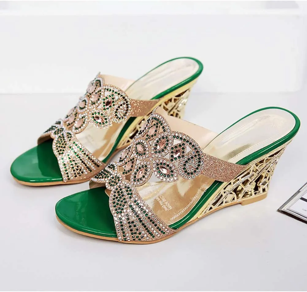 Women's Crystal Rhinestone Peacock Patterned Handmade Sandals Platform Wedge Dress Sandals Slippers
