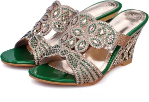 Women's Crystal Rhinestone Peacock Patterned Handmade Sandals Platform Wedge Dress Sandals Slippers