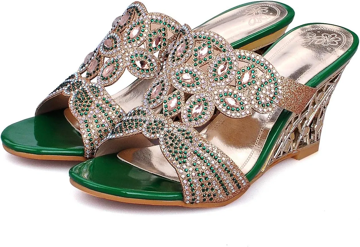 Women's Crystal Rhinestone Peacock Patterned Handmade Sandals Platform Wedge Dress Sandals Slippers