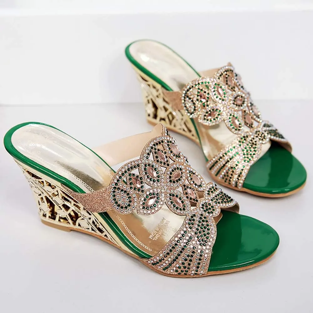 Women's Crystal Rhinestone Peacock Patterned Handmade Sandals Platform Wedge Dress Sandals Slippers